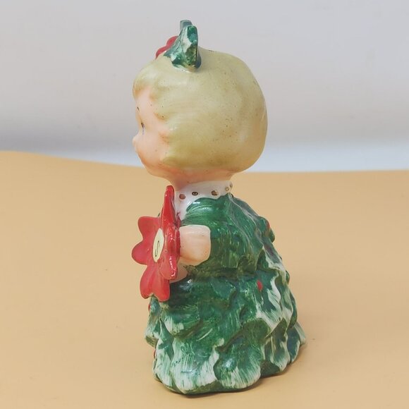 Vintage Ceramic Christmas Salt Shaker Figurine Girl With Holly & Poinsettia - Picture 2 of 9